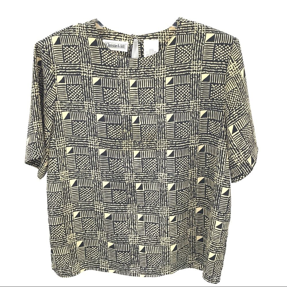 Vintage Blouse Top Womens Sz L Black Yellow Y2K Short Sleeved Geometric‎ Print